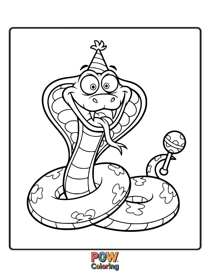 Free coloring page of A funny cobra snake with big, silly eyes and an exaggerated, wide grin, ready for laughter.