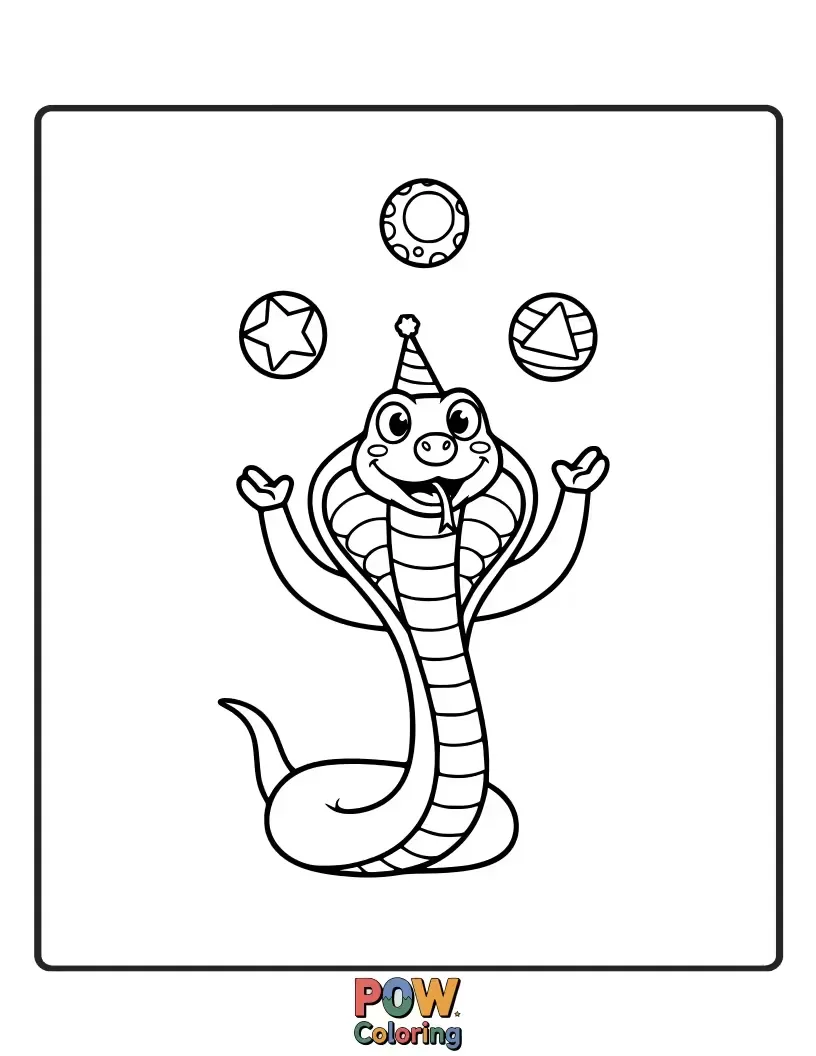 Free coloring page of A funny cobra snake attempting to juggle three colorful fruits with its tail and head.
