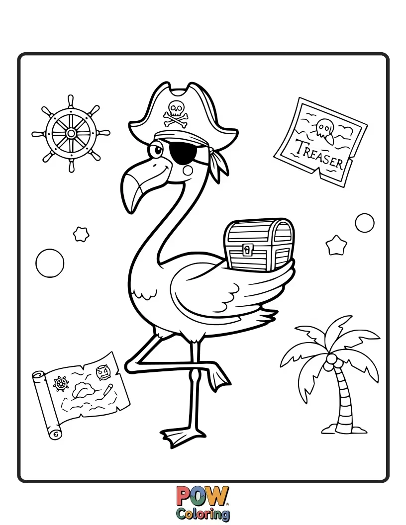 Free coloring page of A pink pirate flamingo balancing on one leg, wearing an eyepatch and a feathered hat.