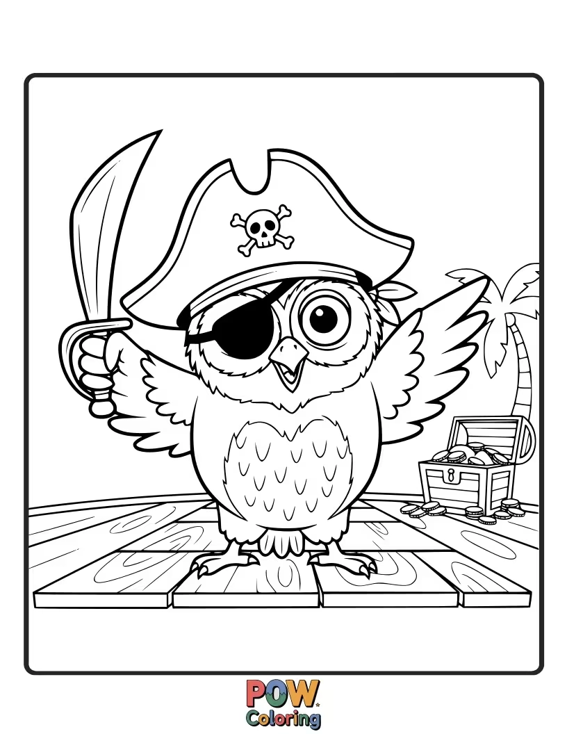 Free coloring page of A wise-looking but silly pirate owl perched on a treasure map, wearing spectacles.