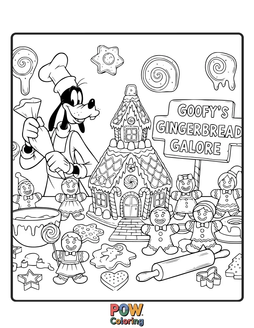 Free coloring page of Goofy is hilariously struggling to decorate a massive gingerbread house, icing everywhere!