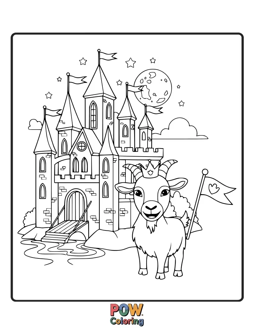 Free coloring page of A slightly mysterious goat standing guard outside a whimsical, slightly spooky, but still cute, gothic castle.