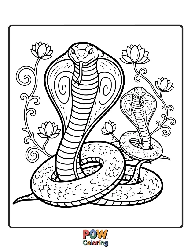 Free coloring page of A beautiful cobra snake elegantly swaying to imaginary music, its hood flaring like a dancer's skirt.