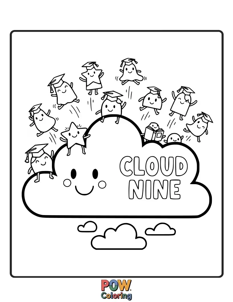 Free coloring page of A joyful student floating on a fluffy cloud wearing a graduation cap, reaching for their dreams among whimsical stars.
