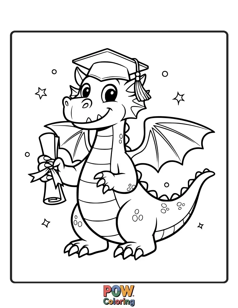 Free coloring page of A cute, gentle dragon wearing a graduation cap, holding a diploma, ready to fly towards a bright future.