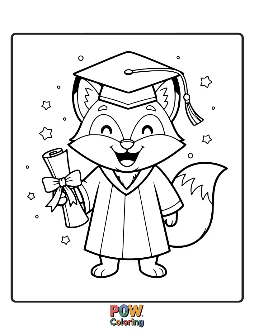 Free coloring page of A foxy character with a graduation cap, holding a diploma, looking proud and ready to embrace new challenges.