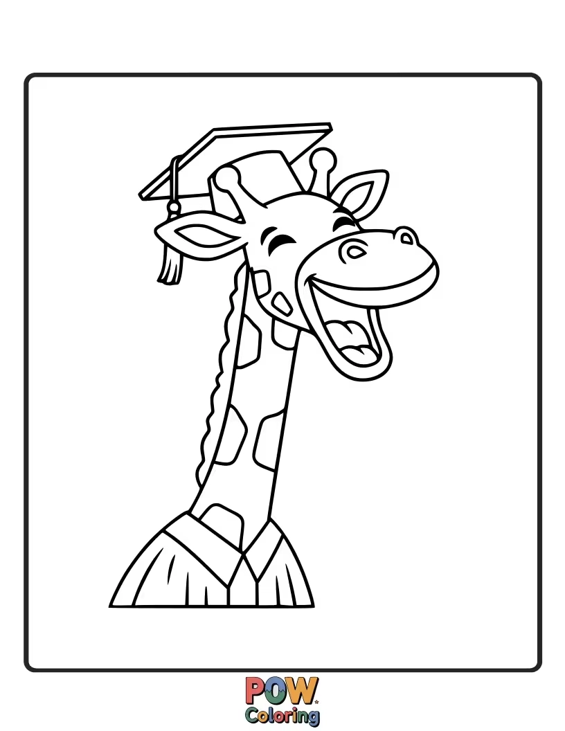 Free coloring page of A tall, happy giraffe wearing a graduation cap, reaching for the stars, celebrating their high achievements with joy.