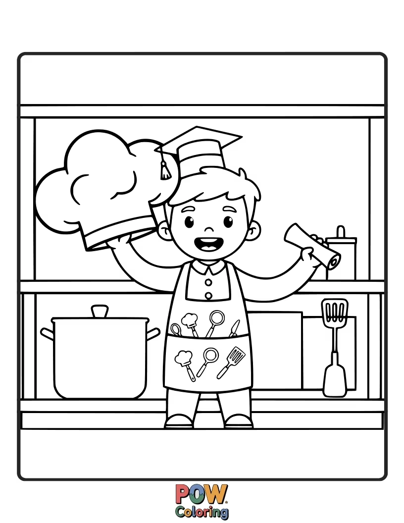 Free coloring page of A cute chef character with a graduation cap, holding a whisk and a diploma, celebrating the art of learning.