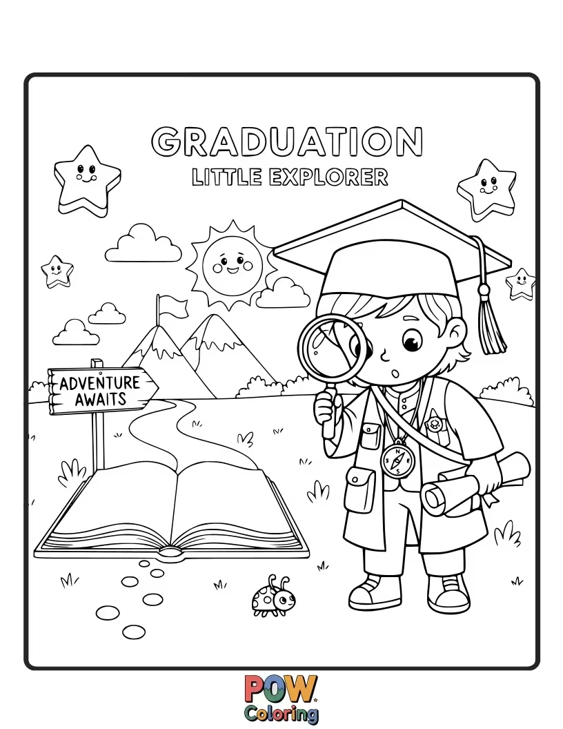 Free coloring page of A cute little explorer character with a graduation cap, holding a map and compass, ready for their next grand adventure.