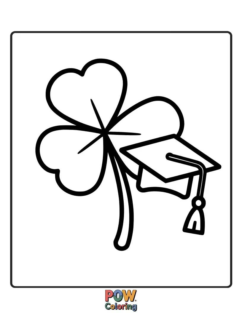 Free coloring page of A lucky four-leaf clover wearing a graduation cap, wishing good fortune and success on the graduate's path.