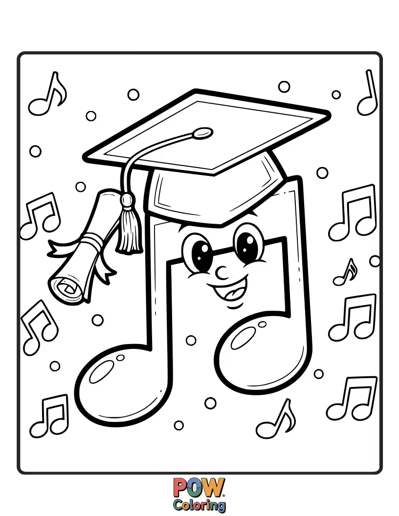Free coloring page of A cheerful musical note wearing a graduation cap, surrounded by other notes, celebrating the harmonious journey of learning.