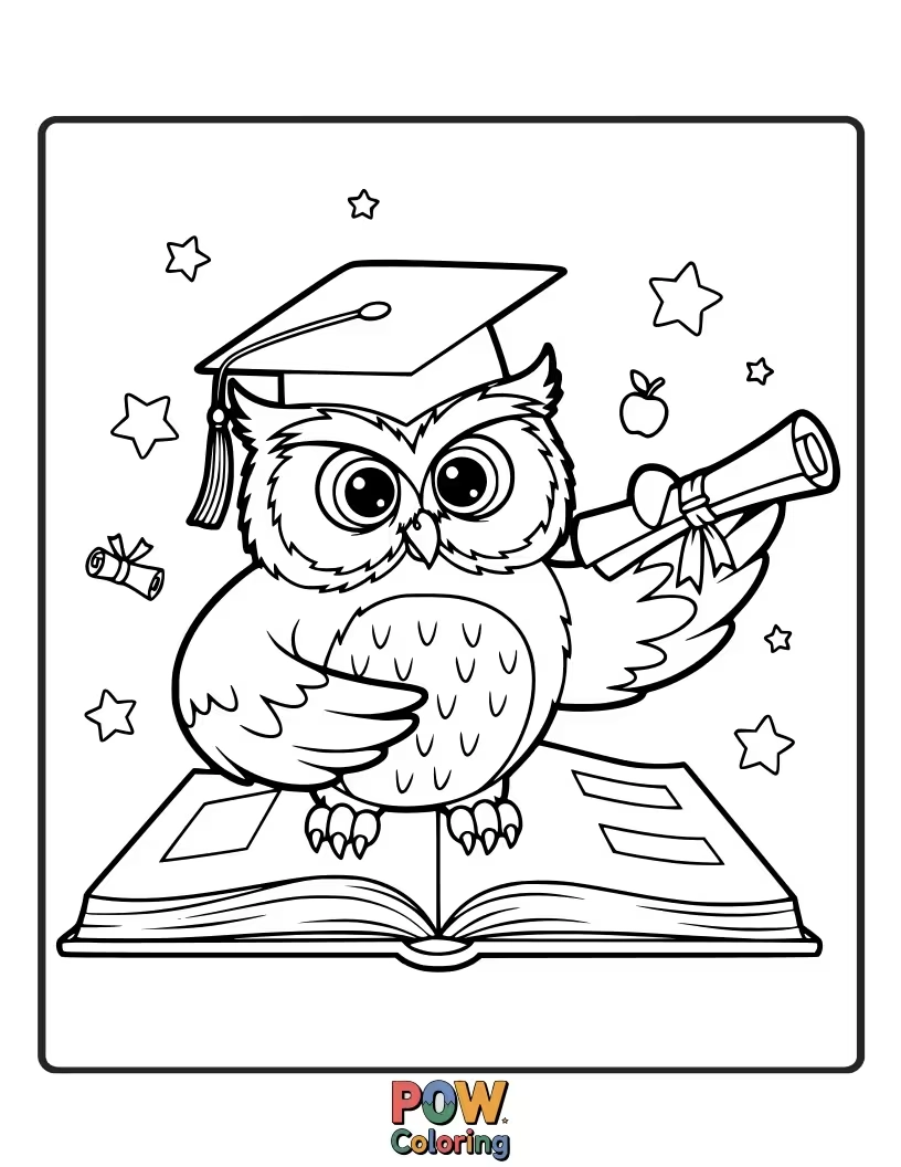 Free coloring page of A wise and cute owl wearing a graduation cap, perched on a stack of diplomas, embodying the wisdom gained.