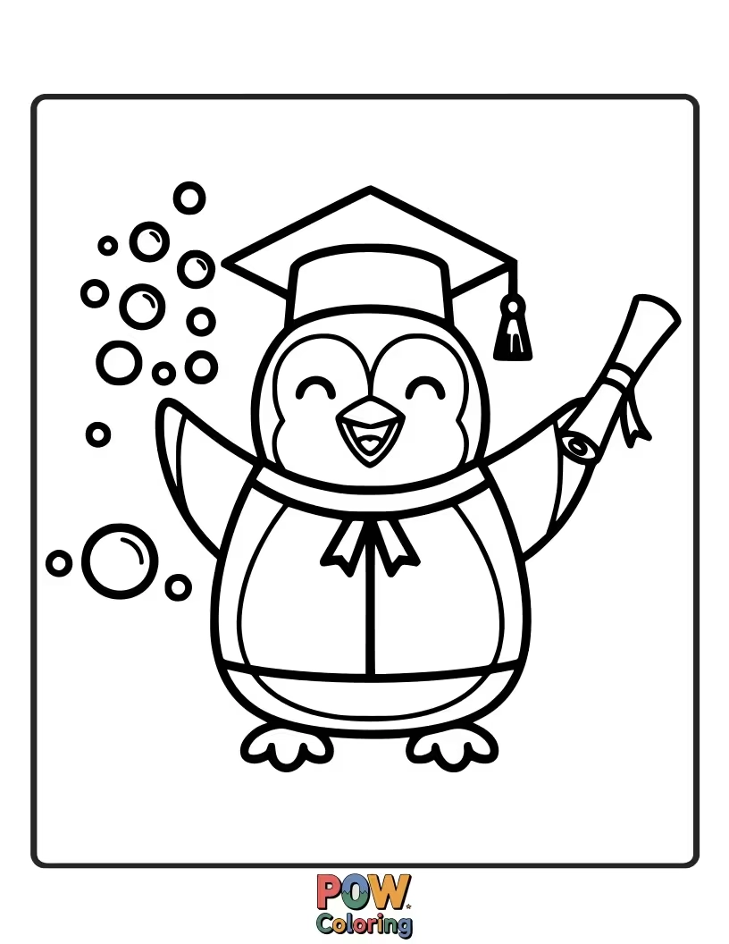 Free coloring page of A cheerful penguin in a graduation cap, waddling proudly with a diploma, ready to dive into new adventures.