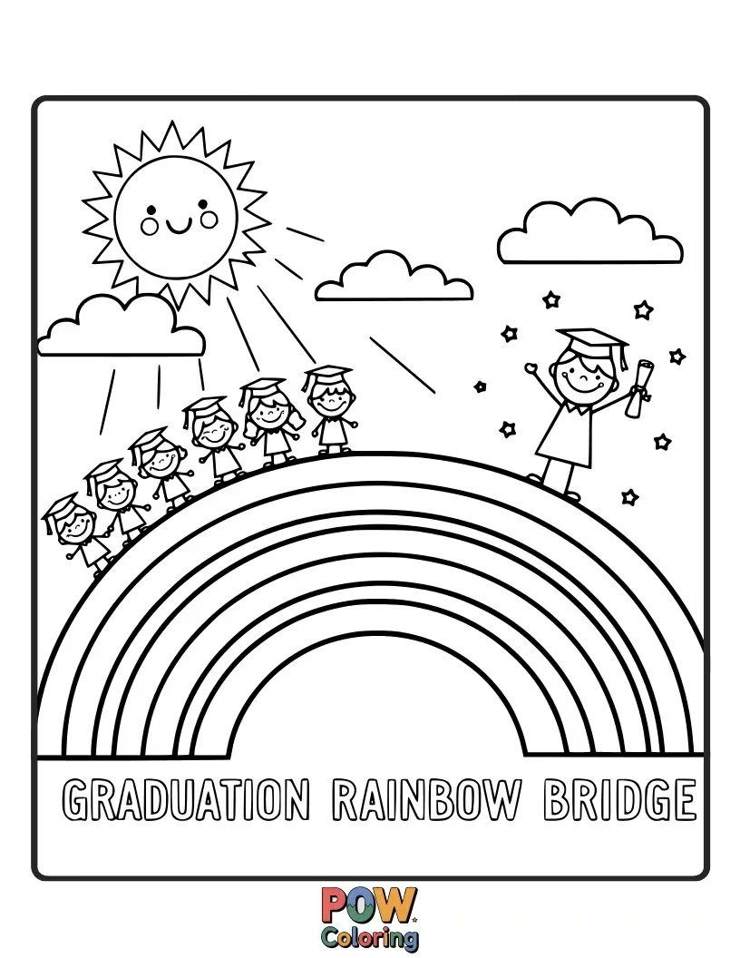 Free coloring page of A colorful rainbow arching over a graduation cap, leading to a bright horizon filled with opportunities and joy.
