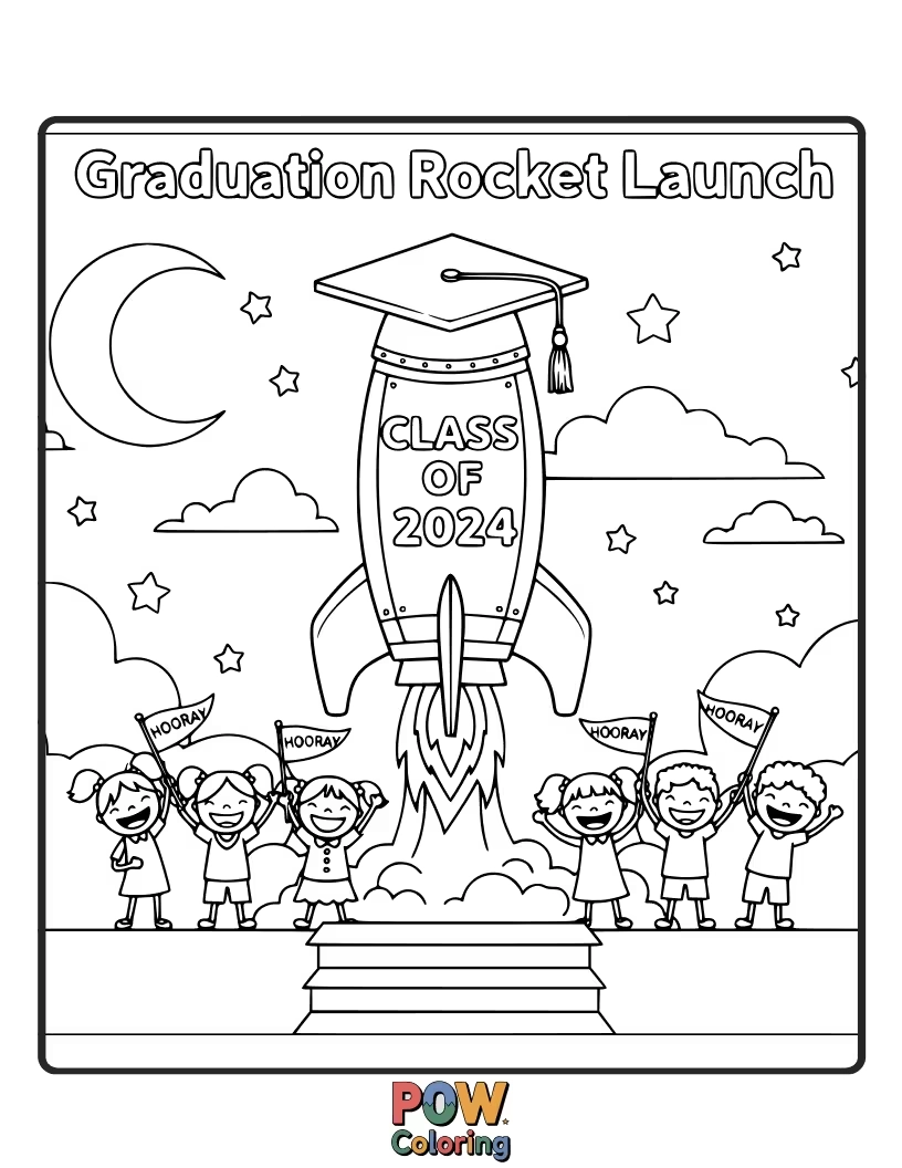 Free coloring page of A cheerful rocket ship adorned with a graduation cap, blasting off into a starry sky, representing launching into a new adventure.