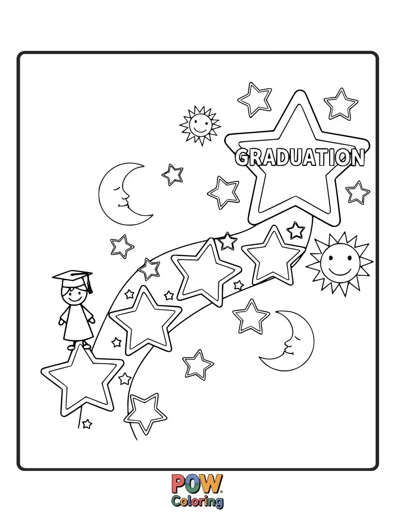 Free coloring page of A magical graduation cap leaving a shimmering trail of stars, guiding the way to a bright and dazzling future ahead.
