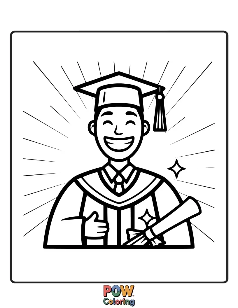 Free coloring page of A bright, smiling man wearing a graduation cap, radiating warmth and happiness, signifying a bright and cheerful future.