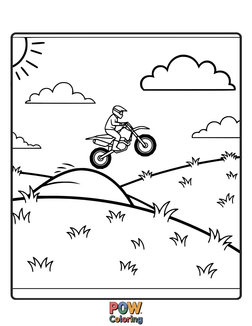 Free coloring page of A dirt bike gracefully descending a rolling grassy hillside, with wildflowers and a gentle breeze.