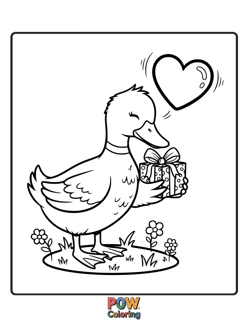 Free coloring page of This kind duck is sharing a gift box feeling heartfully.