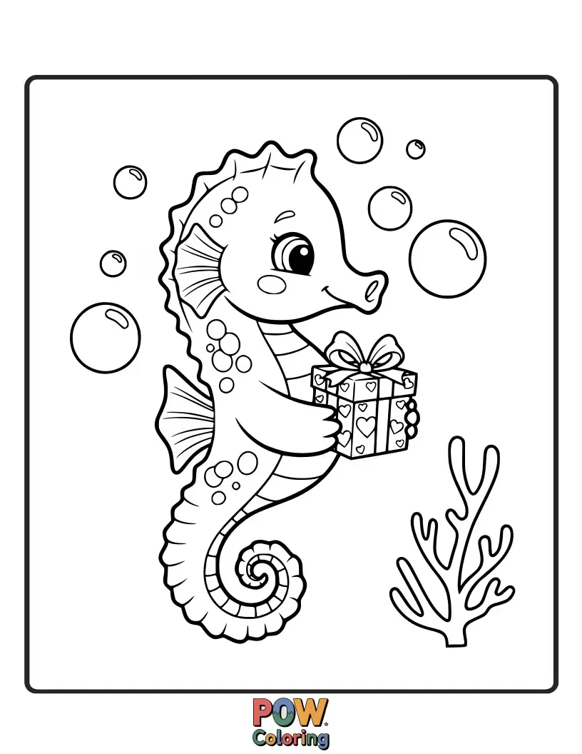Free coloring page of A sea horse presenting a beautifully crafted seashell as a gift, with a warm, thankful expression.