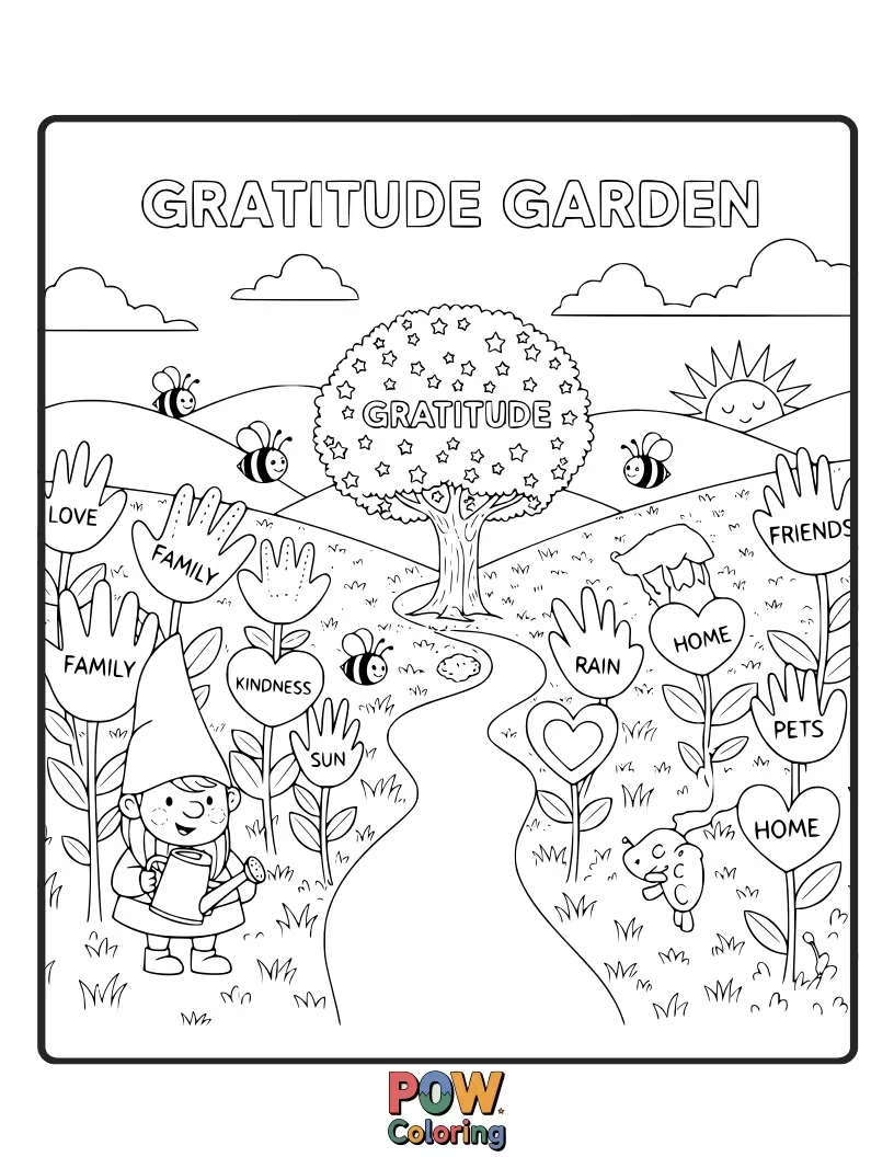 Free coloring page of Flowers, leaves, and little ladybugs create a beautiful garden setting for a tiny, thankful scarecrow. Nature's blessings!