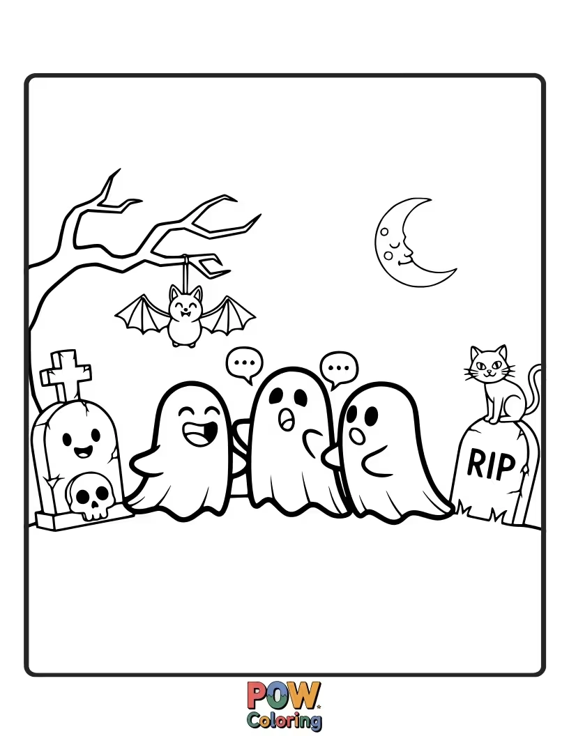 Free coloring page of Friendly ghosts are having a chat and sharing spooky stories amongst the tombstones.