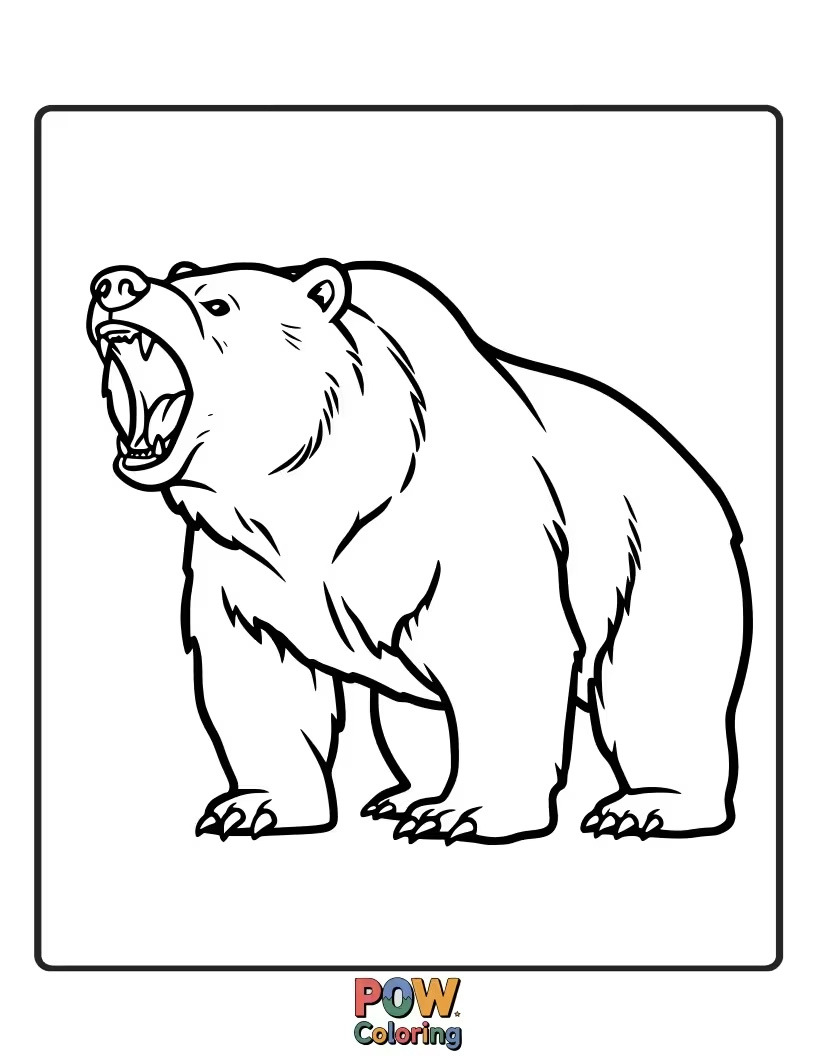 Free coloring page of A mighty grizzly bear with its mouth open in a roar. Encourages bold color choices and creative expression.