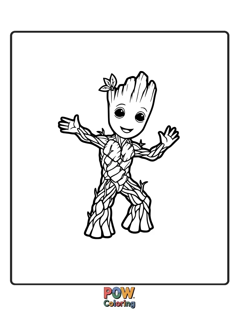 Free coloring page of A fun illustration of Groot grooving to music, with a joyful expression and dancing pose.