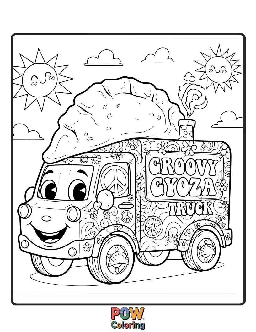 Free coloring page of A retro-inspired food truck with a disco ball and funky patterns, serving delicious gyoza with a vibrant energy.