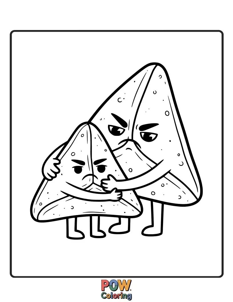 Free coloring page of A grumpy-looking hamantaschen cookie gives a surprisingly warm hug to a cheerful child. Love can be found anywhere!