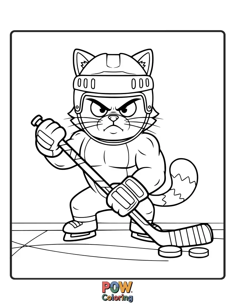 Free coloring page of A perpetually grumpy cat wearing a tiny helmet and skates, looking unimpressed while batting a puck with a paw. Hilariously relatable!