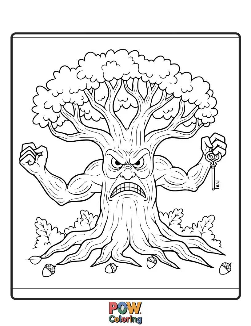Free coloring page of A sturdy, ancient oak tree with a stern, grumpy face, guarding its peaceful forest patch.