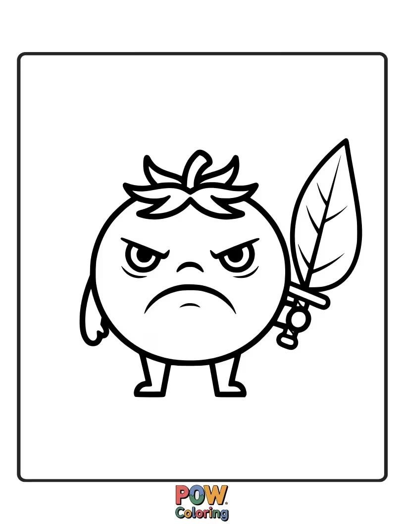 Free coloring page of A stout, grumpy tomato standing guard over a garden, looking hilariously protective of his fellow veggies.