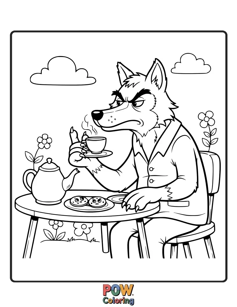 Free coloring page of A wolf with a comically grumpy expression enjoys a steaming cup of tea, a fluffy scarf on.