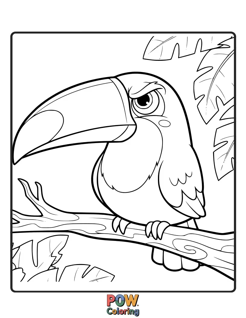 Free coloring page of A toucan with a big, colorful beak and a slightly grumpy but endearing expression.