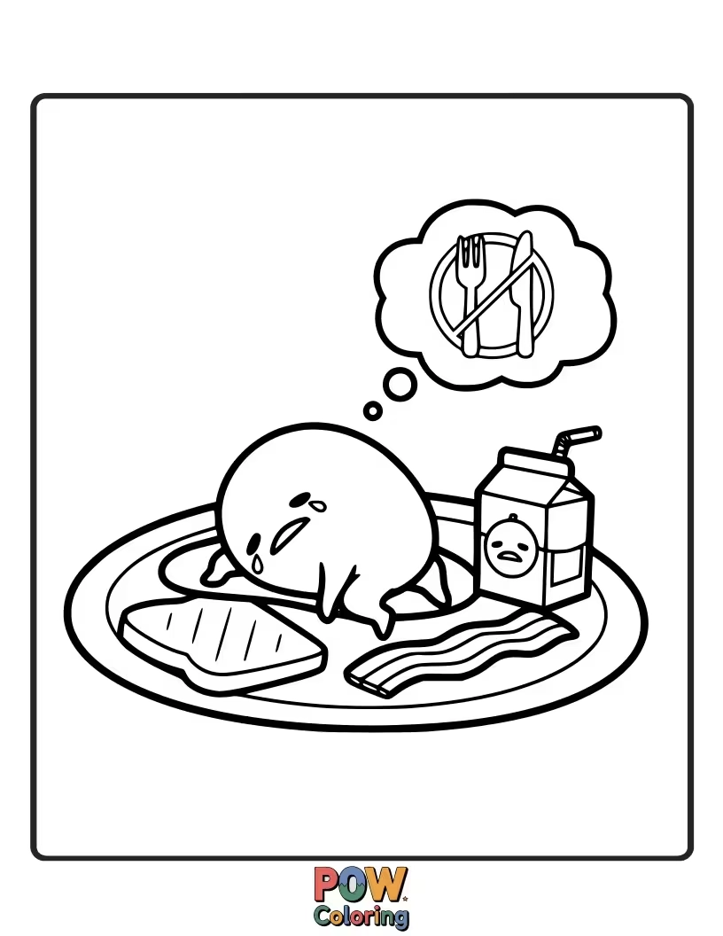 Free coloring page of Gudetama looking unimpressed with a plate of scrambled eggs.