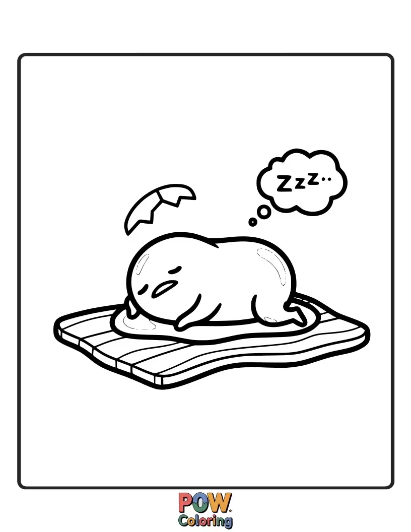 Free coloring page of Gudetama lounging lazily on a sunny beach, looking absolutely unbothered.