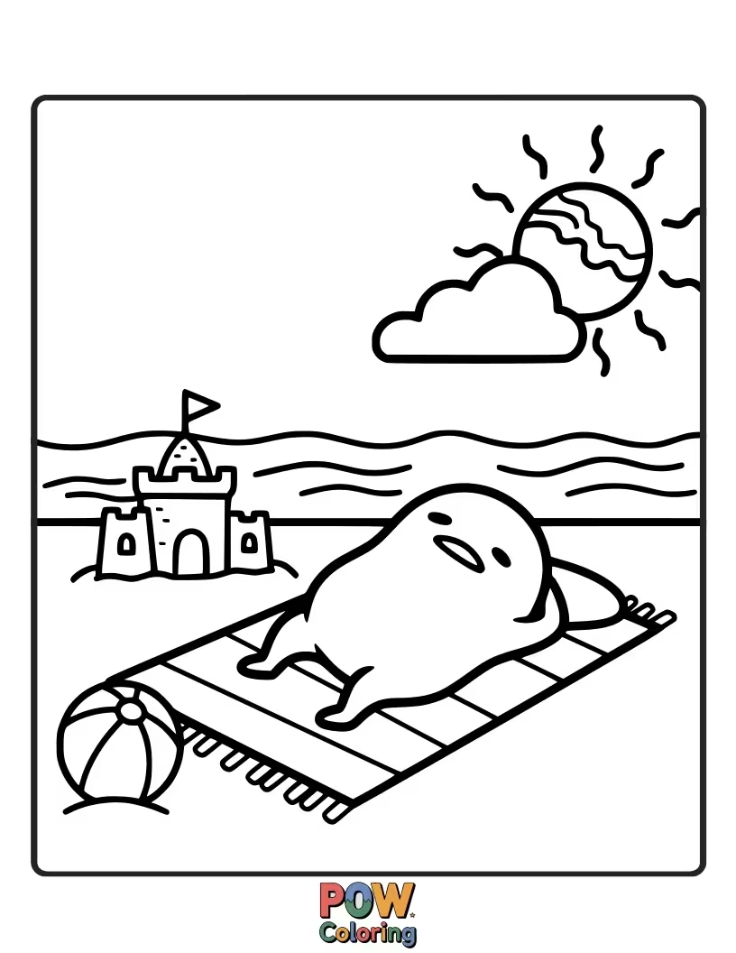 Free coloring page of Gudetama enjoying a lazy nap under a bright, smiling sun.