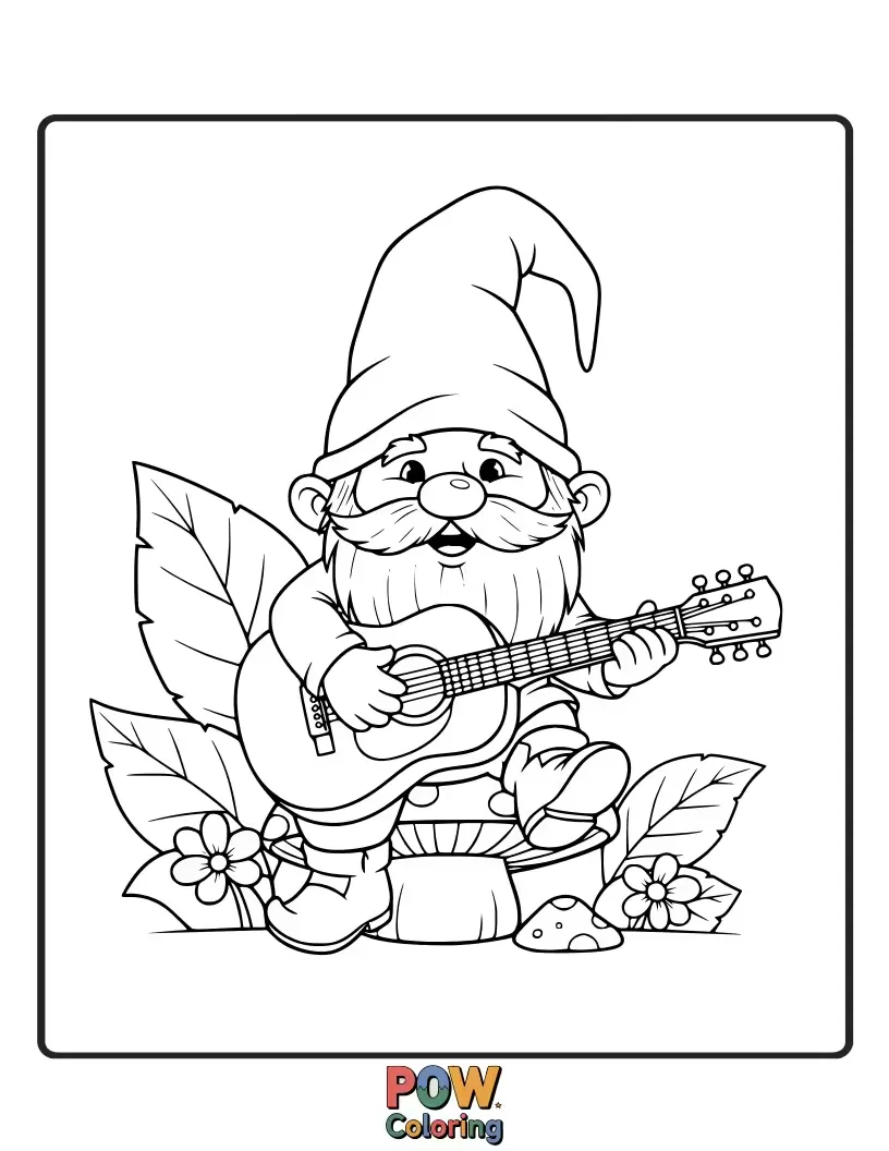 Free coloring page of A tiny, cheerful gnome strumming a miniature guitar with a mischievous grin. Whimsical, funny, and magically musical.