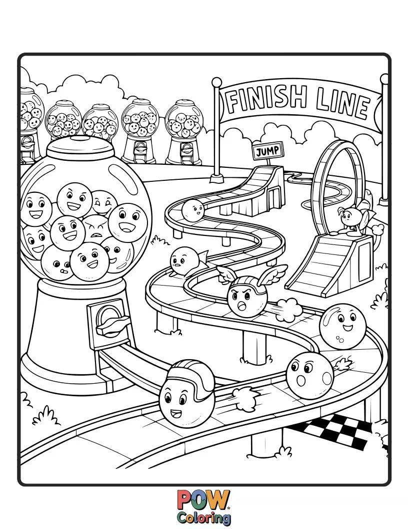 Free coloring page of Colorful gumballs are tumbling and racing out of a vintage gumball machine in a sweet spectacle.