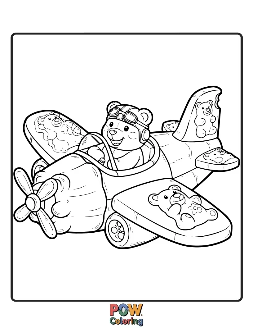 Free coloring page of A sweet airplane made entirely of colorful gummy bears, with candy propellers and a licorice landing gear.