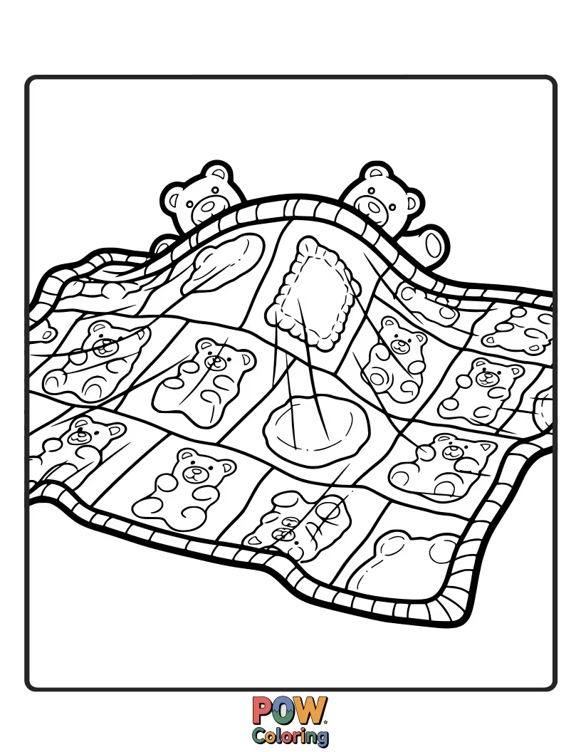 Free coloring page of A fun and quirky blanket made of oversized, smiling gummy bears in various bright colors.
