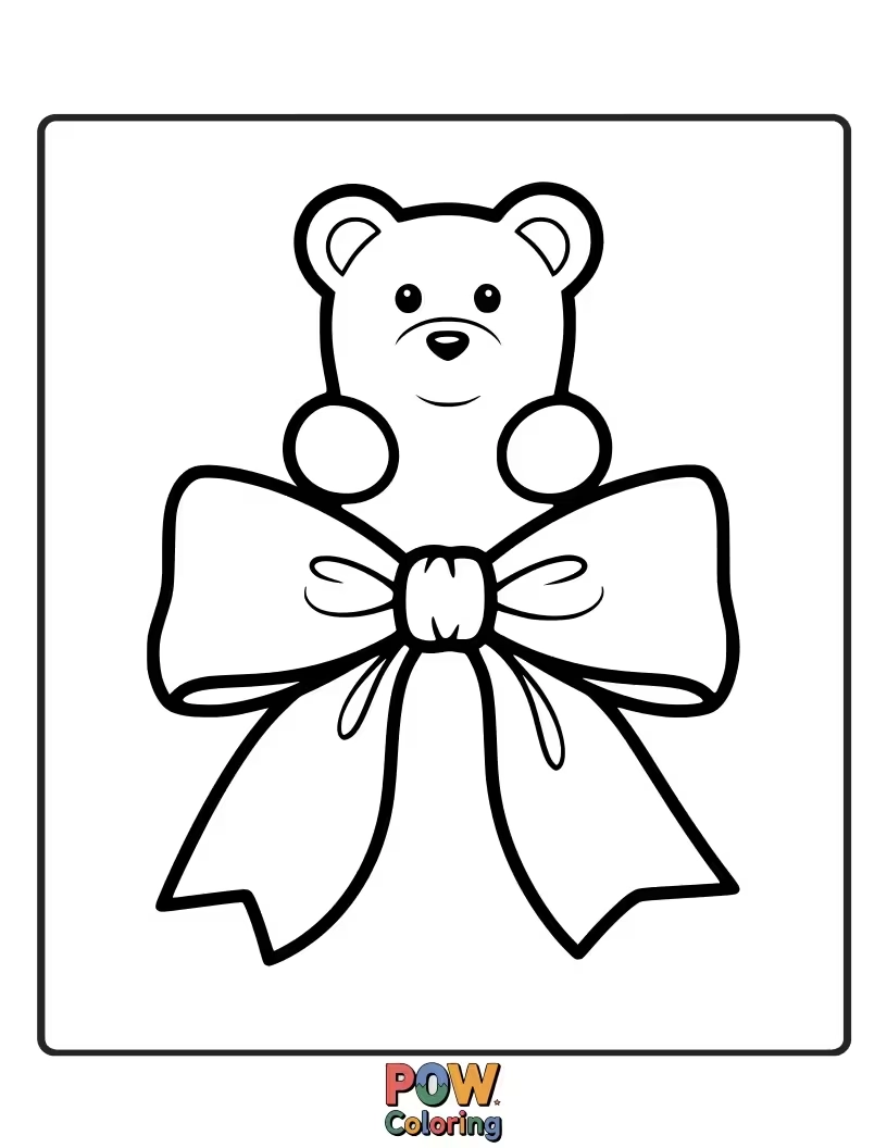 Free coloring page of A fun and colorful bow made entirely of stacked, translucent gummy bears, offering a chewy and delightful design.