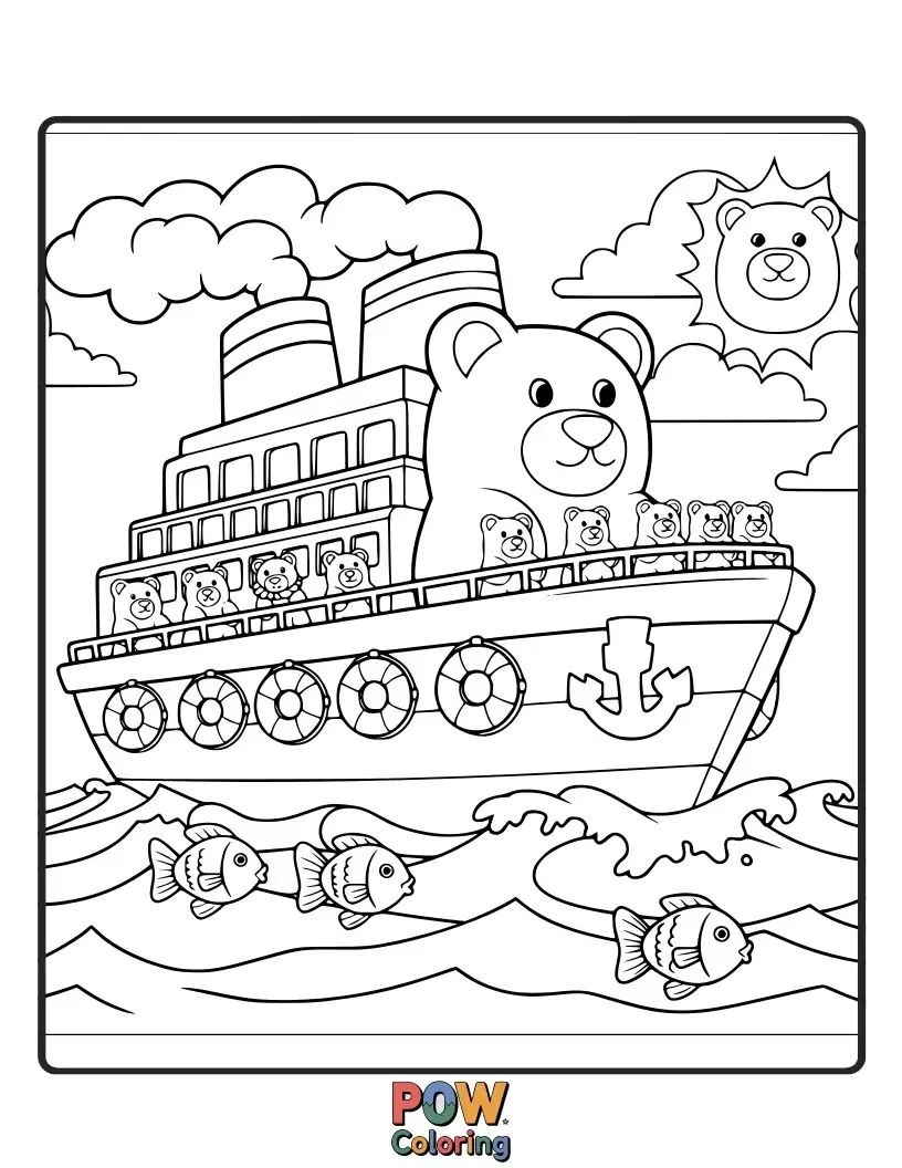 Free coloring page of A vibrant and chewy cruise ship made entirely of colorful gummy bears, offering a sweet journey on a licorice sea.