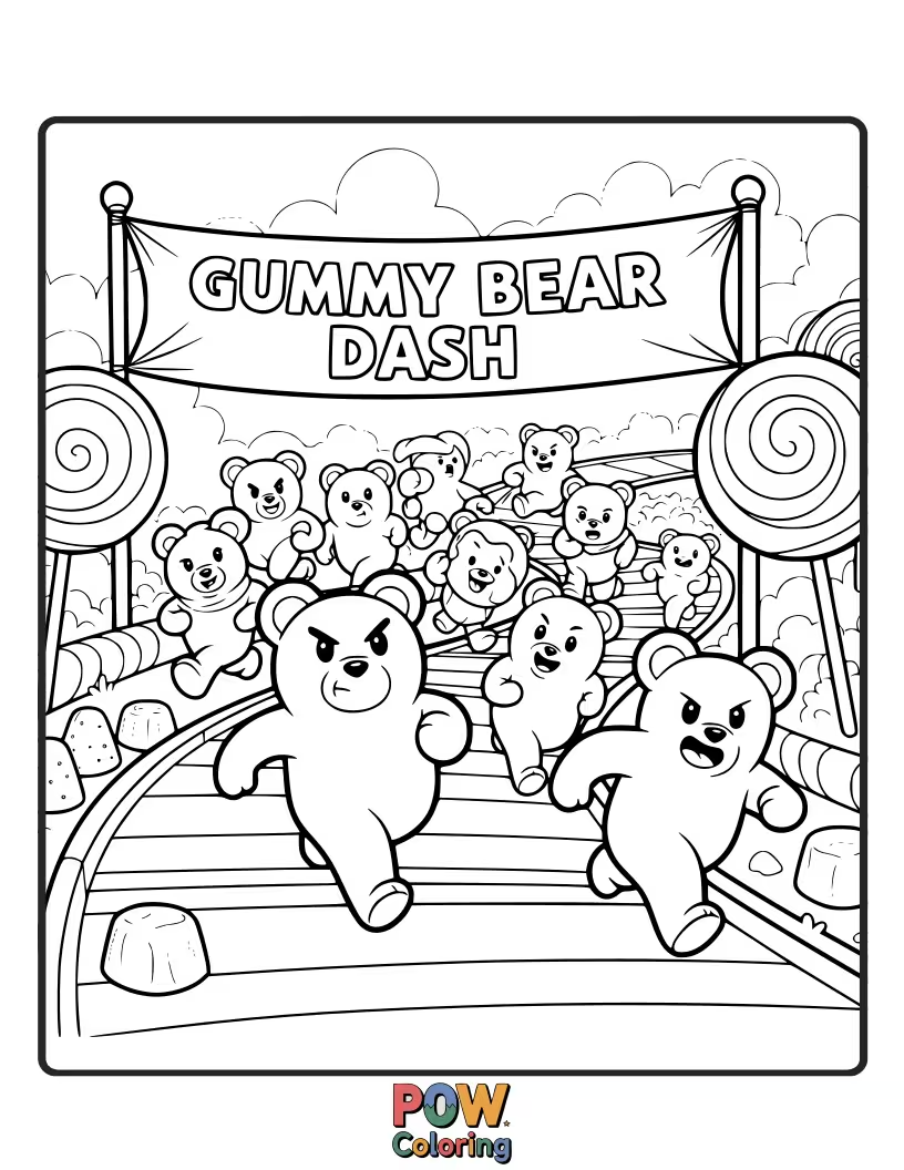 Free coloring page of Adorable gummy bears are bouncing and dashing with enthusiasm in a colorful, sugary sprint race.