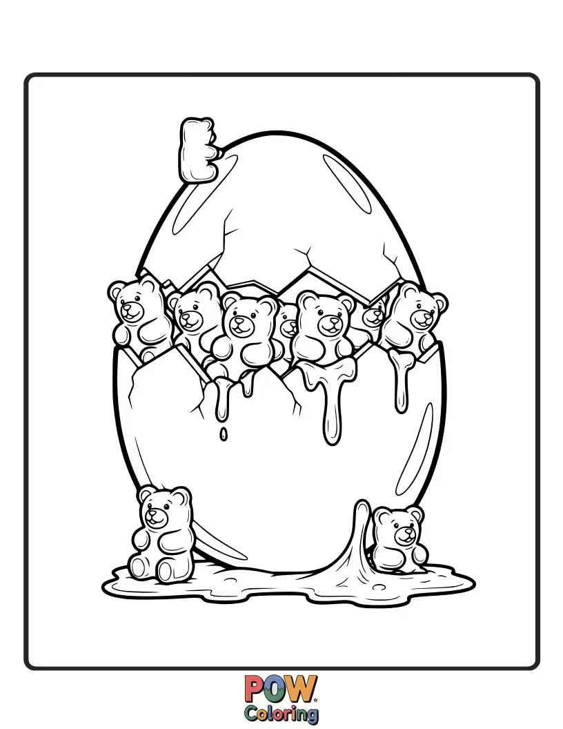 Free coloring page of An egg designed with a glossy, slightly transparent look, as if it were made of delicious gummy candy.
