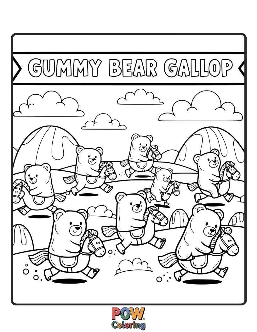 Free coloring page of A horse made entirely of translucent, colorful gummy bears, galloping through a candy-filled meadow.