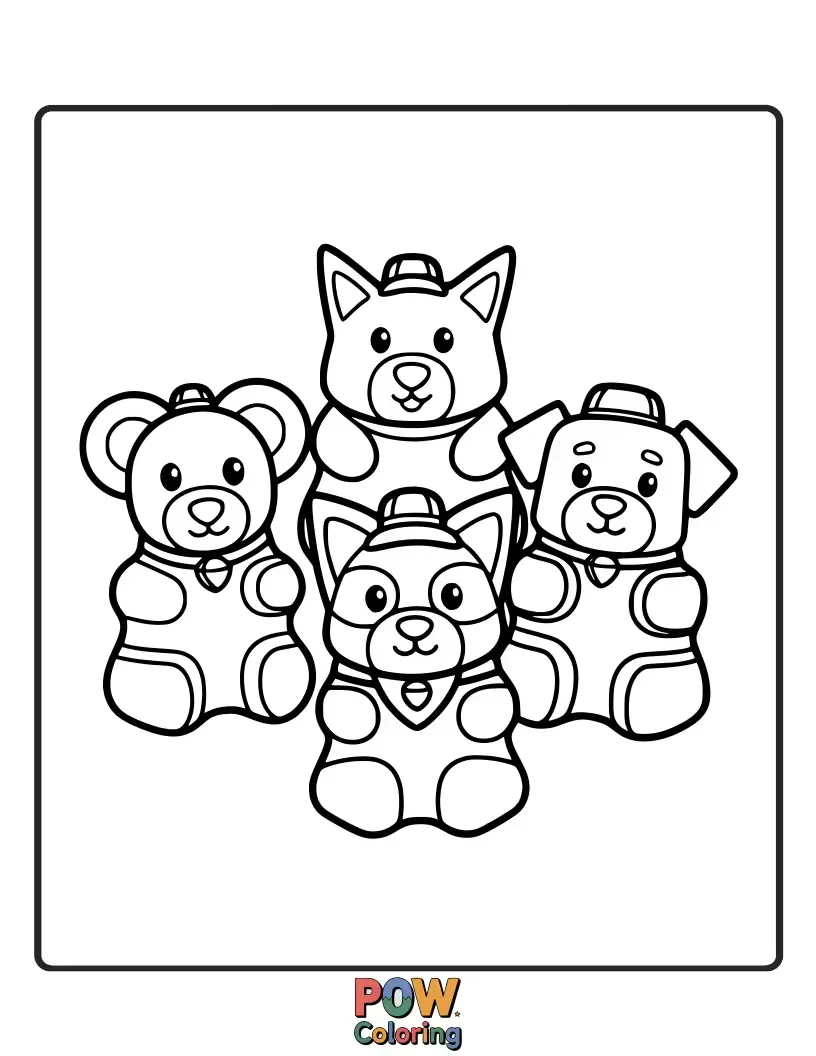 Free coloring page of Cute dogs reimagined as if made from colorful gummy bears, with translucent, slightly squishy textures and bright, playful appeal.