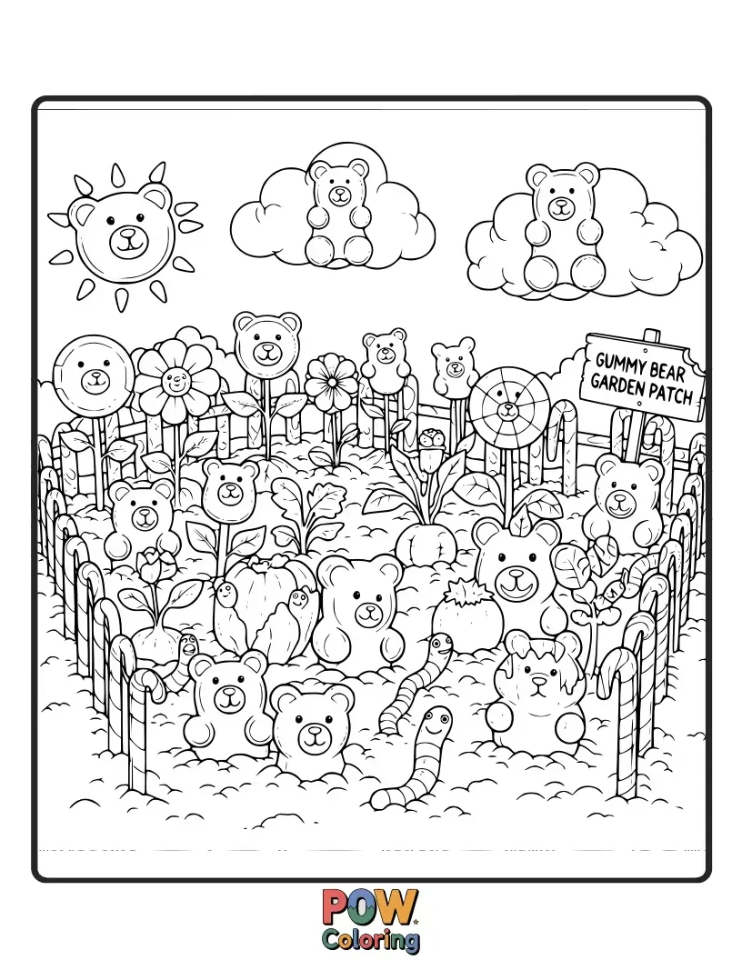Free coloring page of A sweet and unusual garden where gummy bears of all colors grow like fruits on whimsical plants.