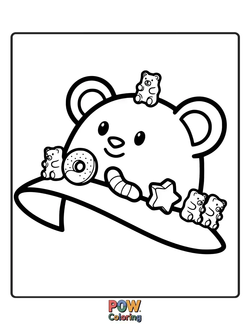 Free coloring page of A quirky and colorful hat shaped like a pile of giant, wobbly gummy bears. So sweet and fun!